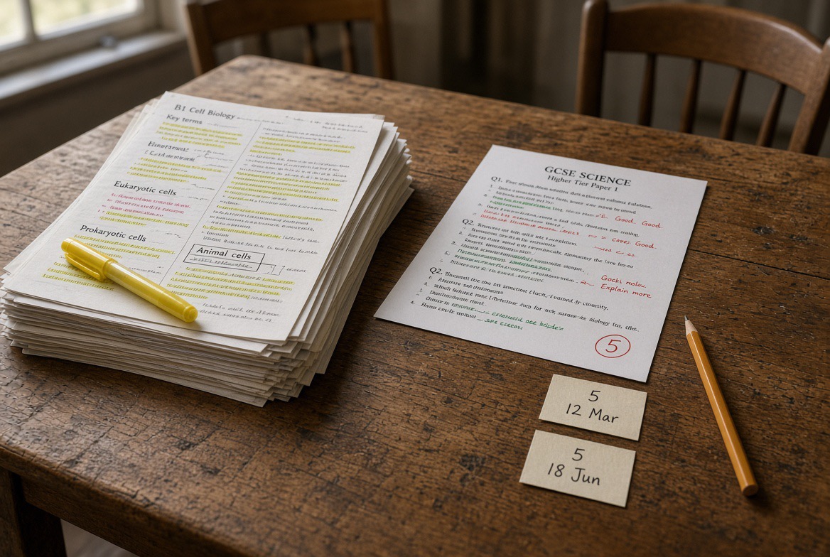 GCSE Science Grades Not Improving? How to Find the Real Gap 1 GCSE Science Grades Not Improving showing revision notes stack + "GCSE SCIENCE Higher Tier Paper 1" with grade 5 circled + date cards "5 12 Mar" / "5 18 Jun pictured by skinat tuition