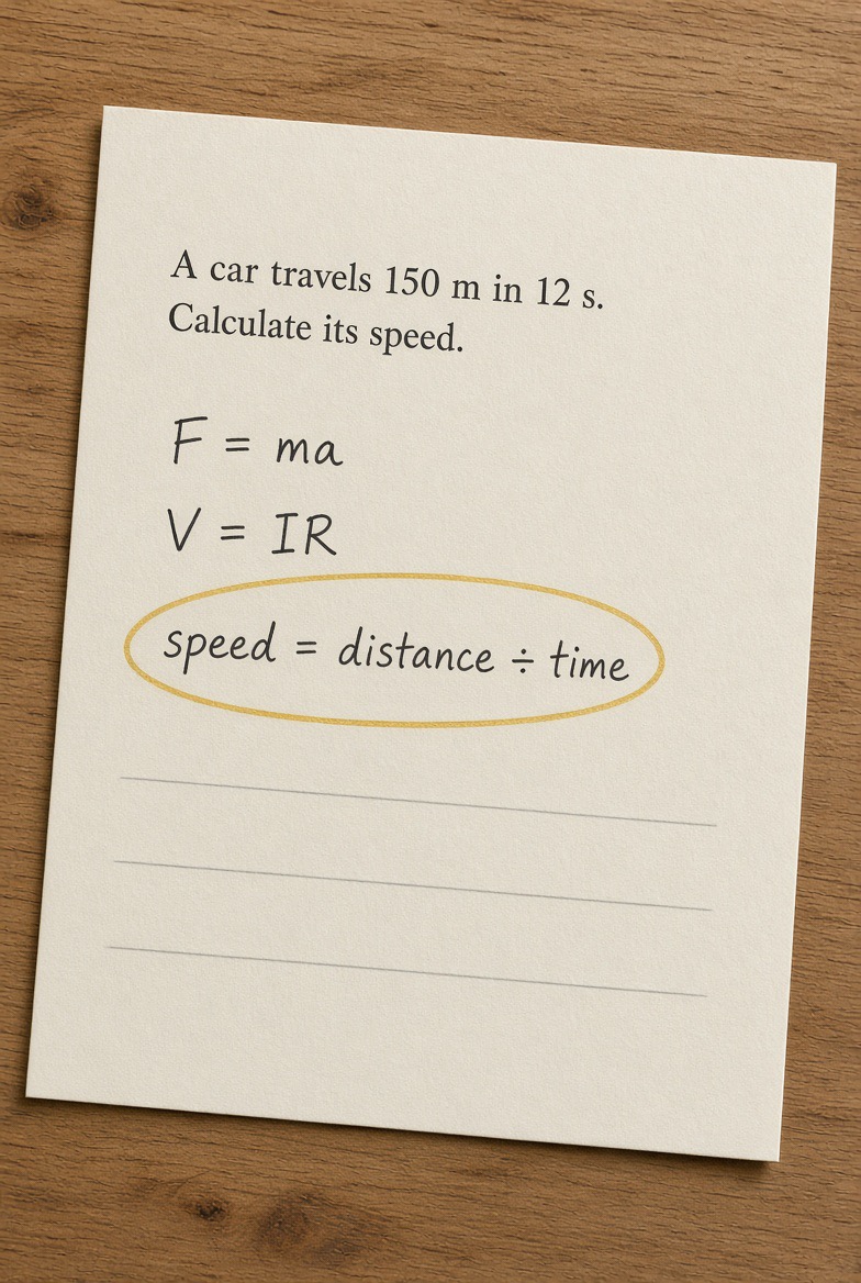 How to Revise GCSE Physics Effectively showing a pA car travels 150 m in 12 s. Calculate its speed." with F=ma, V=IR, and "speed = distance ÷ time" circled pictured by skinat tuition