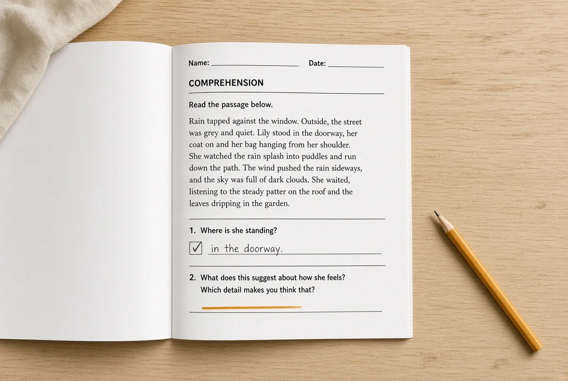 how to improve reading comprehension in primary school showing comprehension worksheet: doorway passage, Q1/Q2 pictured by skinat tuition
