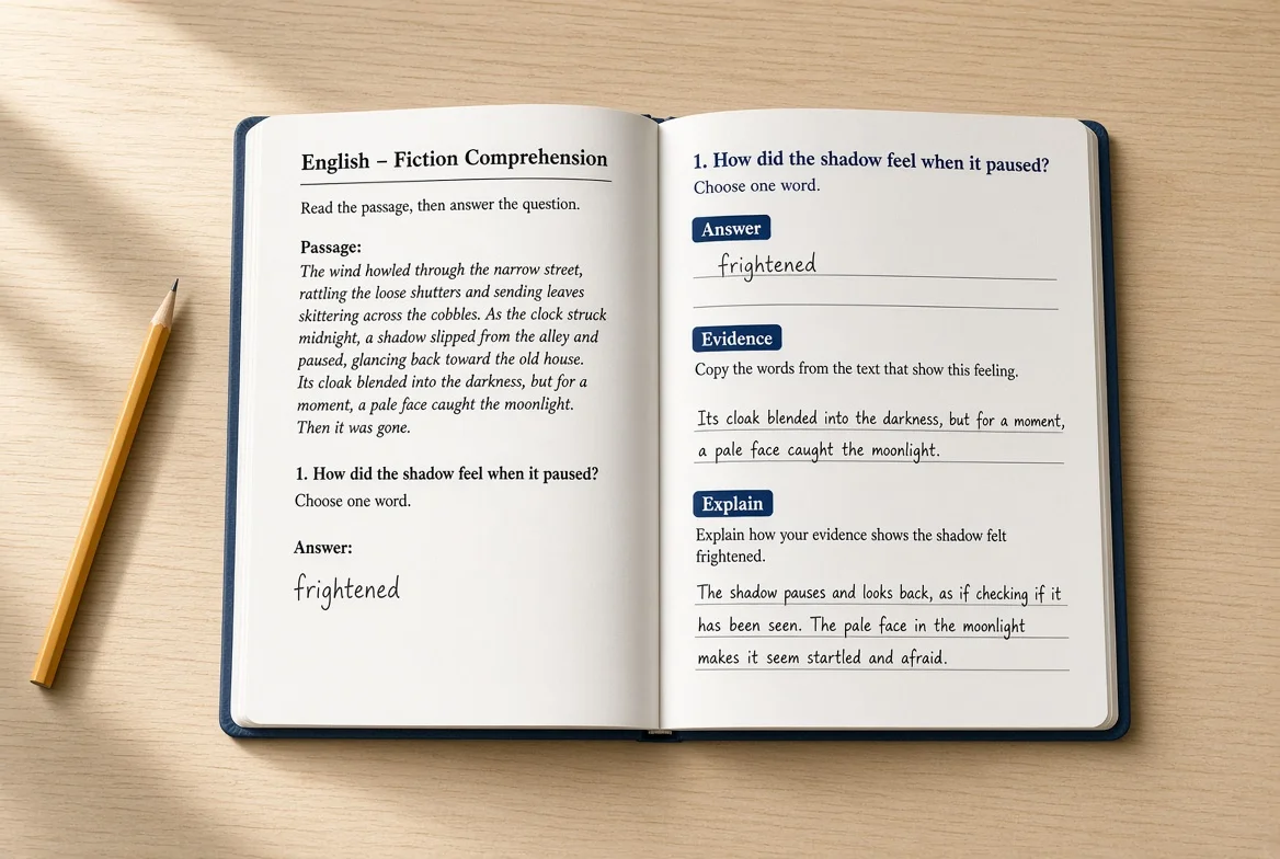 Year 6 English what should my child know showing English – Fiction Comprehension" notebook, Answer/Evidence/Explain example pictured by Skinat tuition