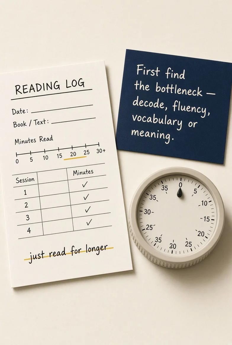 My Child Is Behind in Reading: What Can I Do? 1 my child is behind in reading showing Reading Log" card + "First find the bottleneck — decode, fluency, vocabulary or meaning" note made by skinat tuition