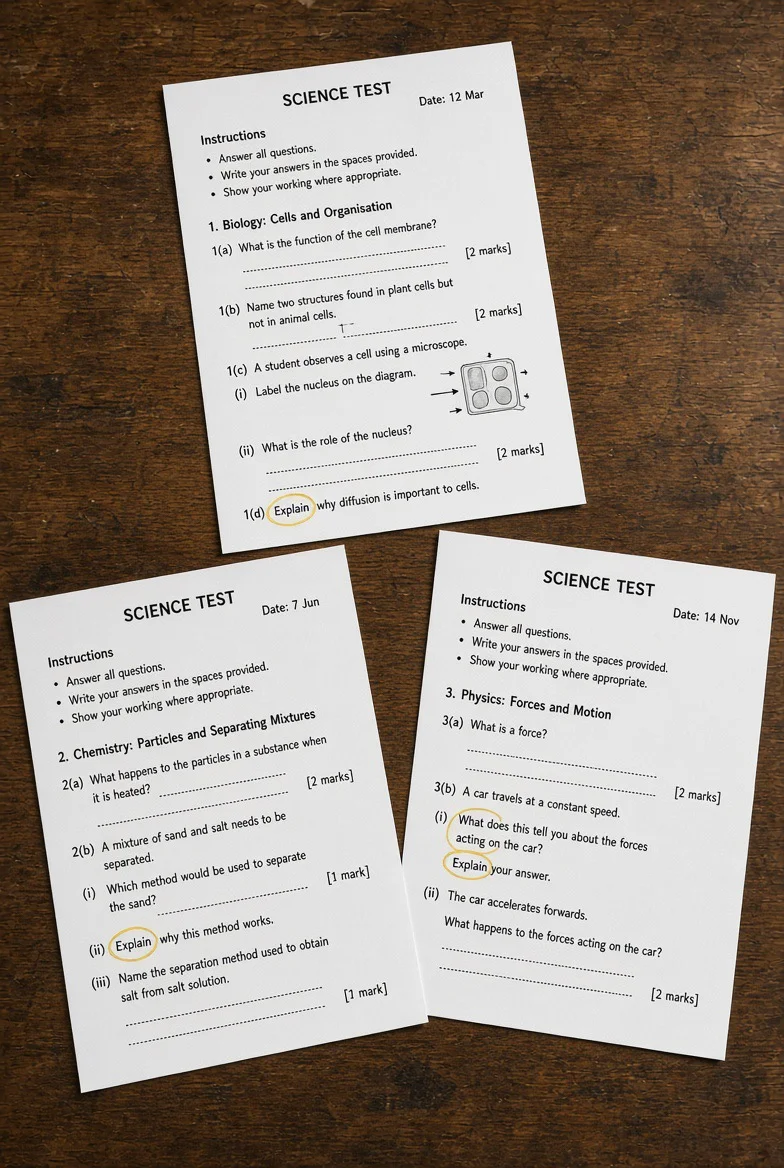 My Child Is Struggling With Science: What Should I Do? 1 my child is struggling with science showing three "SCIENCE TEST" papers with "Explain" circled repeatedly pictured by skinat tuition