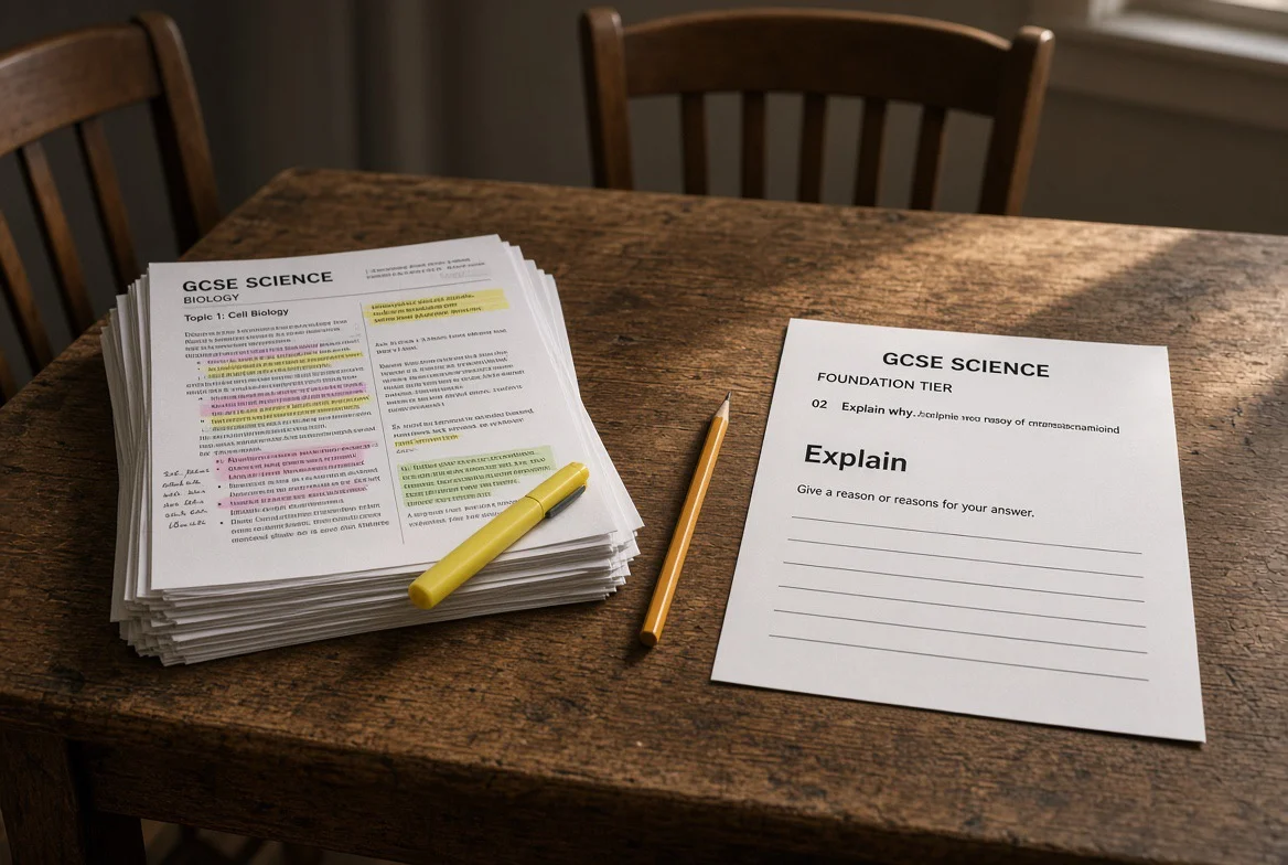 Why Does My Child Knows Science but Loses Marks in Exams? 1 knows science but loses marks in exams showing GCSE Science revision notes stack + blank "Explain" exam paper pictured by skinat tuition