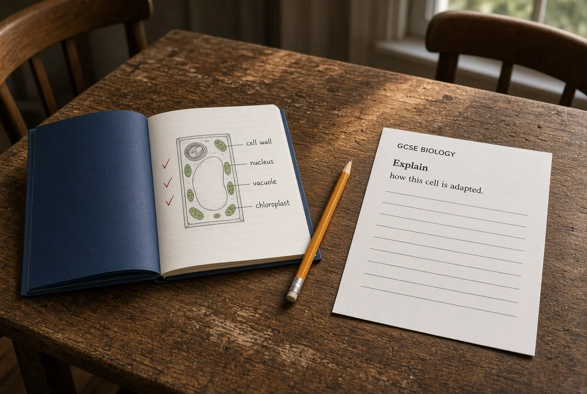 How to Revise GCSE Science Effectively: A Parent and Student Guide 1 How to Revise GCSE Science Effectively showing labelled cell diagram notebook (ticked) + blank "GCSE BIOLOGY / Explain how this cell is adapted" exam paper pictured by skinat tution
