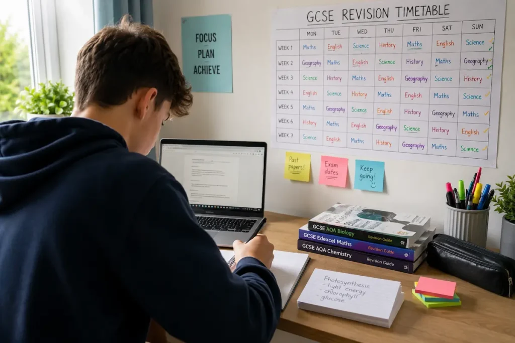 when to start GCSE revision showing Photo of a teenager at a desk with a revision planner Student planning GCSE revision at a desk revealed by skinat tuition